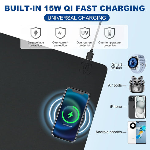 Desk Mat with Wireless Charging, Black Mouse Pad with Charger, Large Leather Computer Mouse Pad for Keyboard and Mouse