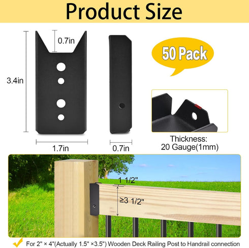 LukLoy 2x4 Brackets for Wood Rail, 50 Pack Black Deck Railing Brackets Connectors for 2’’ X 4’’ Wood Post