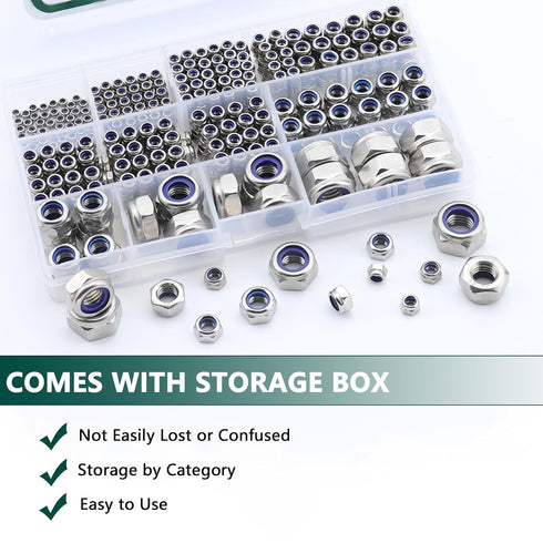 JMINRUN 530PCS Set M2-M12 Metric Nylon Insert Lock Nut Assortment Kit, Stainless Steel Standard Thread Nylock Nuts
