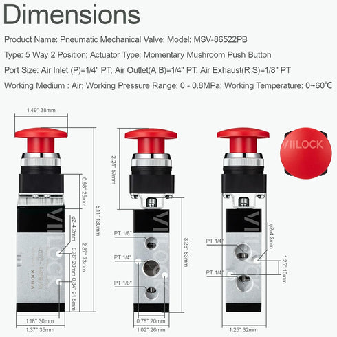 Pneumatic Mechanical Valve, 1/4” NPT 5 Way 2 Position Momentary Push Button Manual Control Air Valve