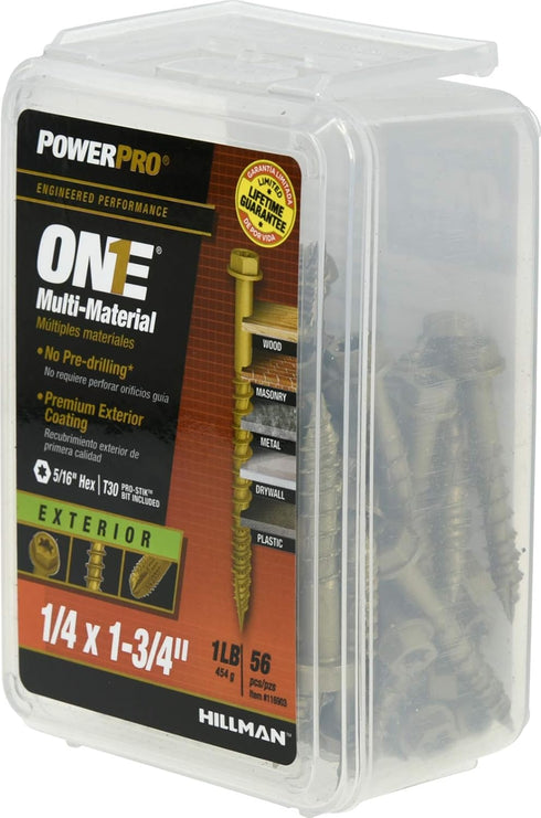 Power Pro Premium One Multi-Material Hex Washer Head Screws, Epoxy Coated Steel, ¼ x 1-¾ inches, Box of 56
