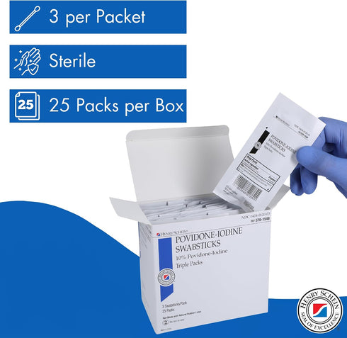 3's, Packed, 10% 25/BX Henry Schein Prep Povidone-Iodine Swabsticks Individually Sterile, Antiseptic for Skin