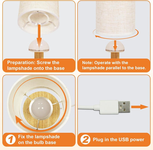 Set 2 Dimming 2700K Spaces(5W 50K Touch Bedside Table Lamps of - Stepless USB Powered, Minimalist Wood Base Linen