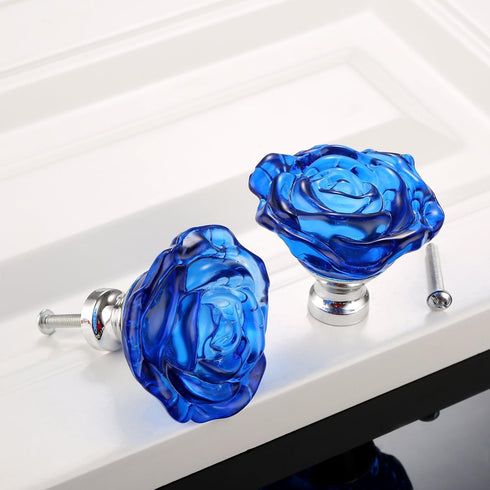 Yetaha Blue Crystal Drawer Knobs, 5PCS Rose Shape Glass Handles for Cabinet Pulls, with Screws