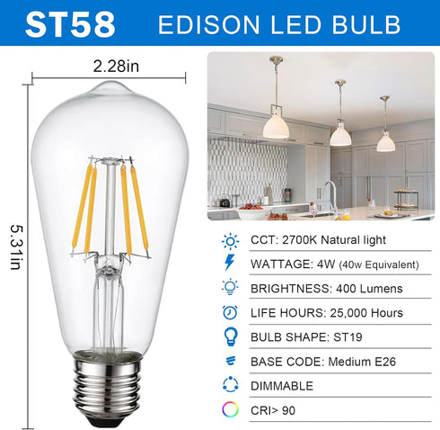 HESSION Vintage LED Edison Bulb, 40W Equivalent, 6-Pack Dimmable, 400LM Warm White 2700K, E26 Clear Glass