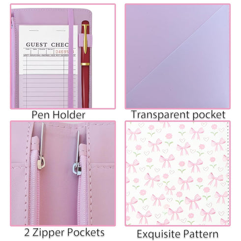 GWIQVEI 2 Leather Server Book with Zipper Pockets, Waitress Order Pad Holder for Cash & Tips - Fits in Server Apron, PU