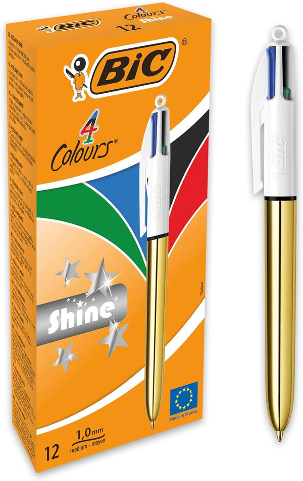 Bic 4 Colours Shine Ballpoint Pens, Medium Point (1.0 mm), Metallic Gold Barrel, Box of 12