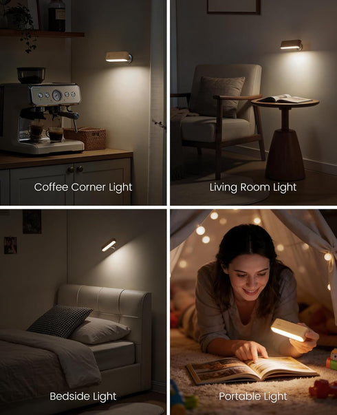 360 Wood LED Wall Sconce, Magnetic Rotatable Wall Mounted Night Light & Reading Light, Small Rechargeable Battery