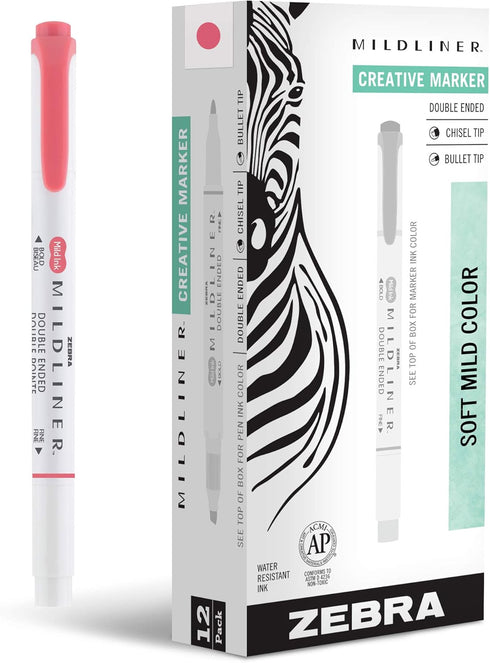Zebra Pen Mildliner Double-Ended Highlighter Marker Set, 12-Pack, Broad & Fine Point Tips, No Bleed Mild Red