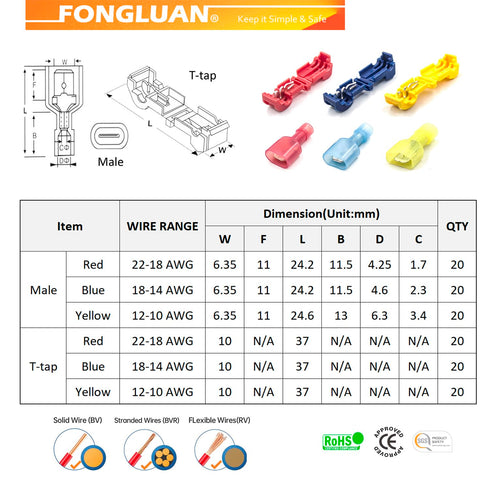 120pcs T-Tap Quick Splice Wire Connectors, 24-10 Gauge Quick Disconnects Electrical Crimp Terminals
