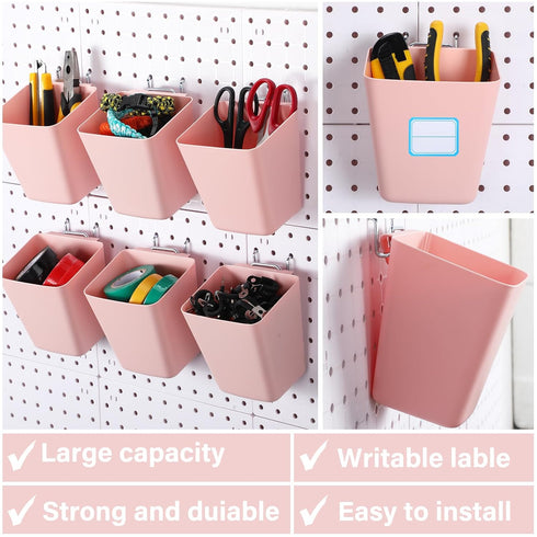 Namalu 12 Pack Peg Board Storage Bins - Square Box Shape with Labels and Hooks for Craft Room Wall Holder, Pink