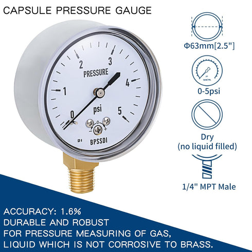 0-5 Psi Low Pressure Gauge, 2-1/2" Dial Size, 304 Stainless Steel Case, 1/4" NPT Lower Mount for Water Air Tire Test
