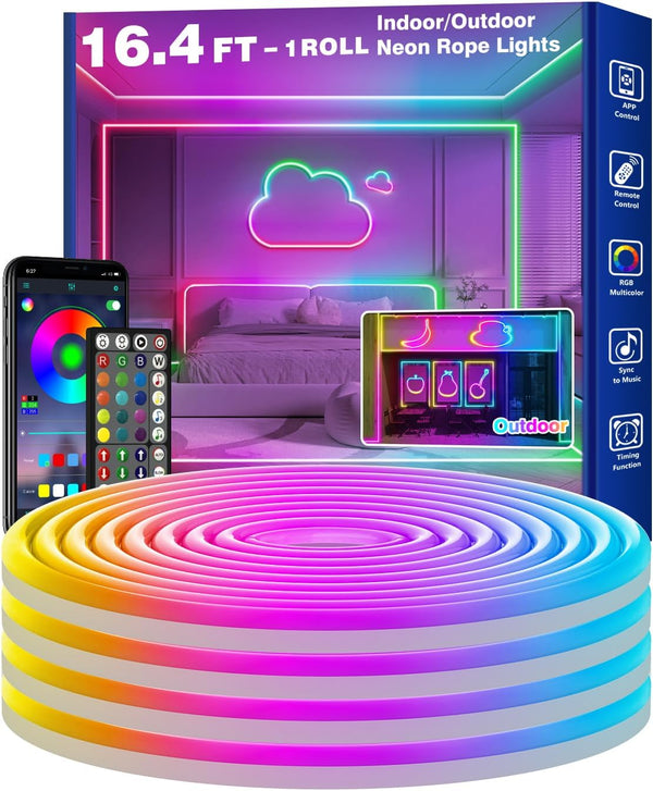 RCUICA 16.4FT LED Neon Rope Lights Waterproof with Smart App Control Remote,DIY Scene