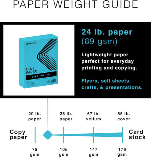 8.5" 11" 24 lb/89 500 (00102) PrintWorks Premium Bright Blue Colored Paper x - gsm - Sheets - Made in the USA - FSC