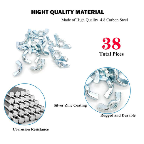 Yoliko 38 5 5/32",3/16",1/4",5/16",3/8" Pcs Sizes Wingnuts, Quality Carbon Steel Wing Nuts Zinc Plated Fasteners Parts