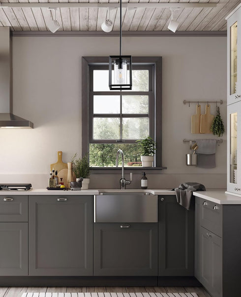 Sheenkarion 1 Pack Farmhouse Black Kitchen Island Pendant Light Fixture,Height Adjustable Metal Rod Hanging Modern