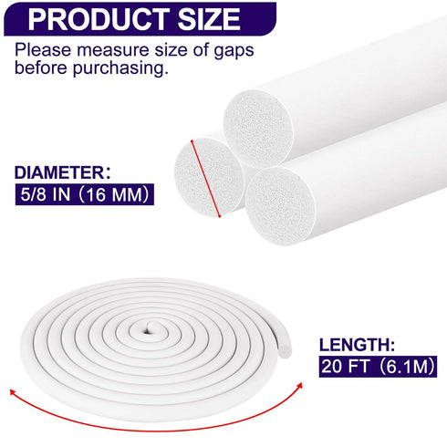 ToLanbbt Backer Rod EPDM Rubber 5/8" Diameter x 20' Length Caulk Saver Door Window Weather Stripping Seal for Concrete Filling Joints and Gaps (White)