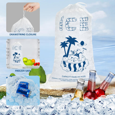 Ice Bags 8 Lb. with Drawstring, 50 Pack Heavy-Duty Reusable Ice Cube Bags, 19 x 11 Inch Portable Storage
