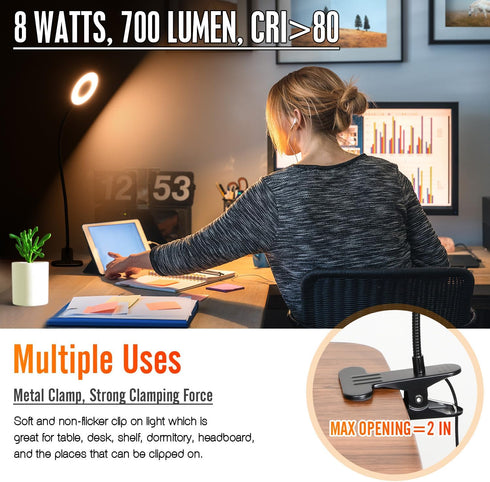 Clamp on Desk Lamp, 8W Clip Light with 3 Color Options, 10 Dimmable Illumination Modes (Black)