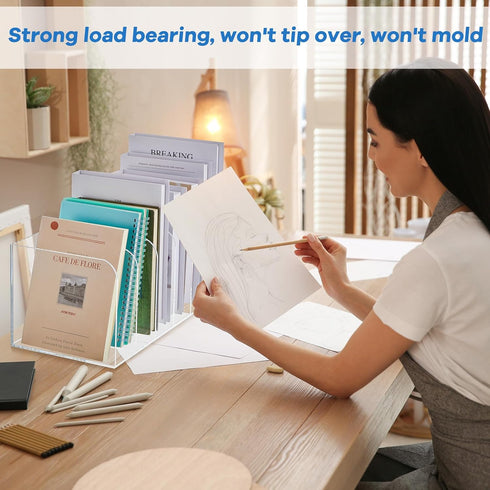 Suzile Clear Acrylic Magazine File Holder with Vertical Compartments, Desk Organizer Book Rack for Paper Folder Office