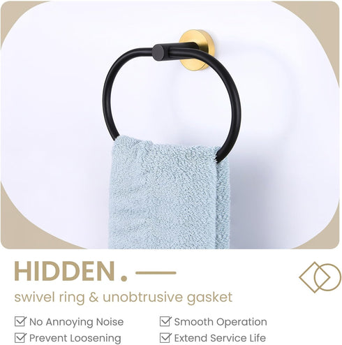 Towel Ring Black & Gold, Suyar Stainless Steel Hand Towel Holder, Oval Shape Towel Rack for Bathroom Wall