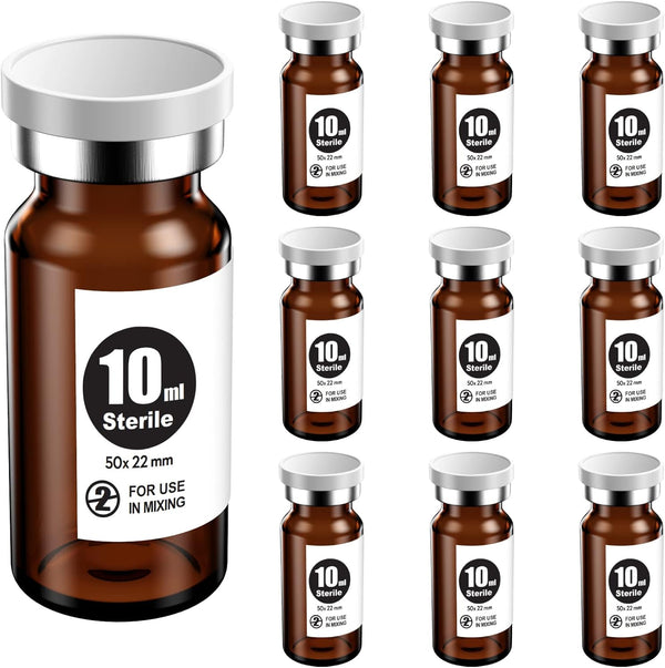 Ks-Tek Sterile Empty Vials with Self Healing Injection Port,with Aluminum plastic Cap,Sterile Package (10ml Amber,10)
