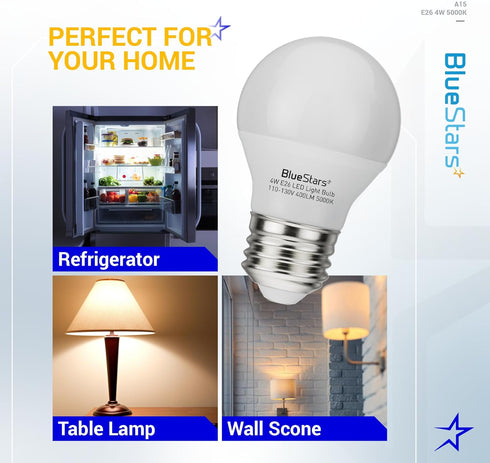 BlueStars A15 LED Refrigerator Light Bulb, 4W (40 Watt Equivalent), E26 Base, 5000K Daylight, 2-Pack