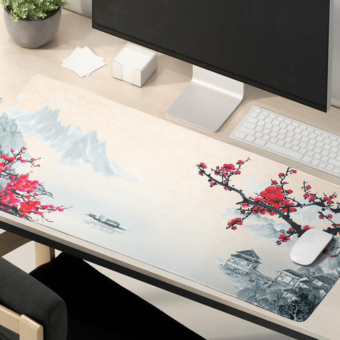 XXL Large Gaming Mouse Pad, Sakura Cherry Blossom Extended Desk Pad, Non-Slip Rubber Base 35.4x15.7in