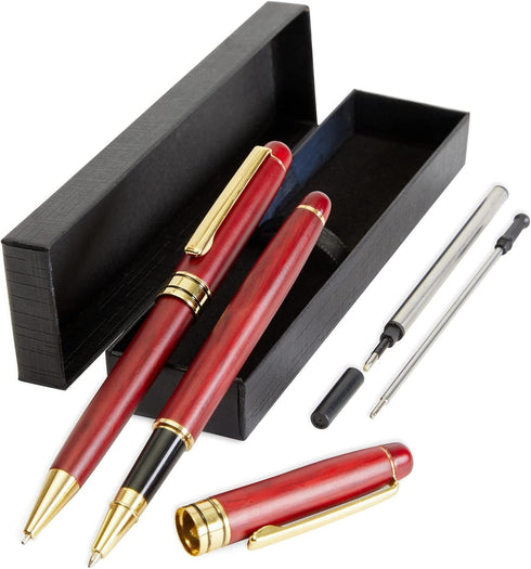 Juvale 2-Pack Luxury Ballpoint Pen Set for Men - Cherry Red Wood Finish, Brown - Smooth 0.7mm Black Ink