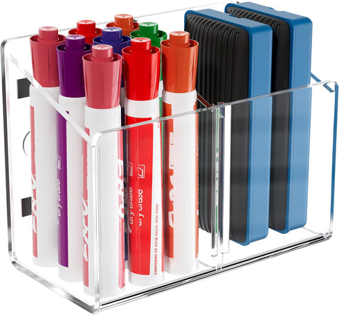 MaxGear Magnetic Dry Erase Marker Holder, Clear Acrylic Pen Holder for Fridge, Whiteboard, Locker, 2 Compartments