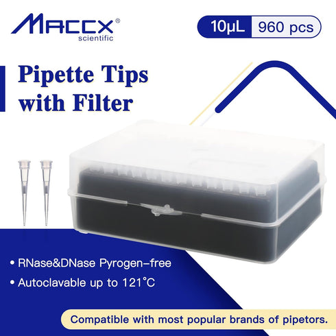Disposable Filtering Pipette Tips, 960pcs Universal Filter Pipette Tips, 10 µL, 96 Tips/Rack x 10 Racks