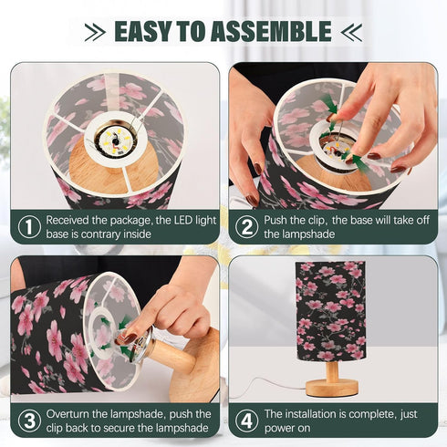 Black and Pink Floral Small Bedside Night Table Lamp Nightstand Lamp with Round Fabric Linen Shade Study Reading Desk