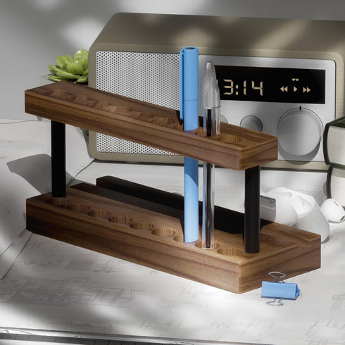 Pencil & Pen Holder for Desk, Solid Walnut Pen Display Stand with 9 Slots and Cell Phone Holder, Aesthetic Decor