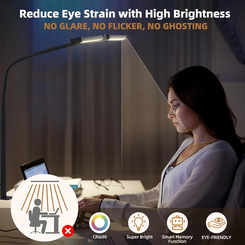 Motumen 25 Led Desk Lamp for Home Office, Eye-care Architect Light with Clamp, Smart Double Head Computer Monitor Table