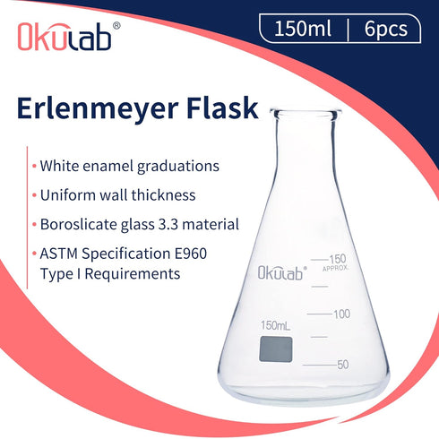 Conical Flask Set, 150mL Glass Erlenmeyer Flasks, Narrow Mouth, 3.3 Borosilicate Glass (case of 6)