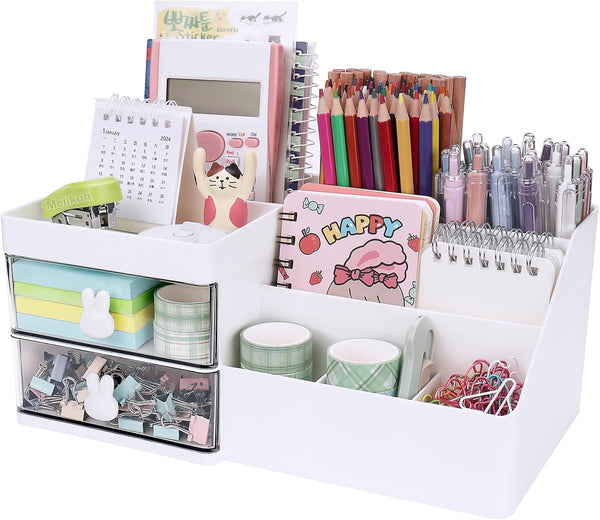 Desk Organizer with 2 Drawers, 7 Compartments & Top Tray for Makeup, Bathroom, Cute Home Organization (White)