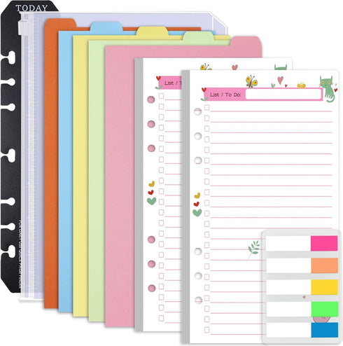 Rancco A6 Planner Inserts To Do List, 90 Pages Colorful 6-Ring Loose-leaf Refills with Divider, Pouch, Ruler