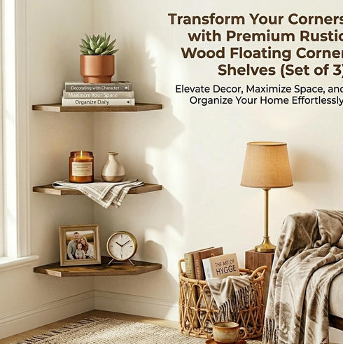 SUYU Set 3 11.8" of Floating Corner Shelves, Rustic Wood Corner Shelf Wall Mounted, L-Shaped Corner Wall Shelf