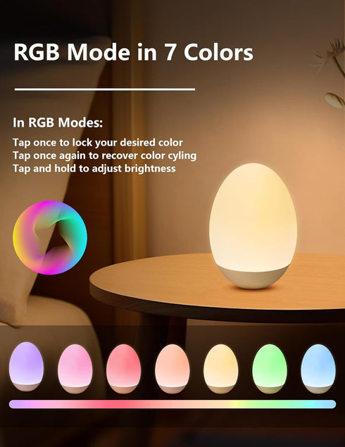 Dimming 7 Egg Night Light for Nursery: Baby Night Lights Tap Lamp Stepless with Warm White and RGB Colors Rechargeable