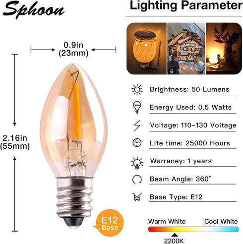 C7 LED Night Light Bulb, Classical Edison Style E12 Candle Base, 0.5 Watts LED Filament Bulb, Sign Light Replacement Bulb, 4W 5W Equivalent, Ultra Warm White 2200K Amber Glass, 50lm, Pack of 2 by Sphoon
