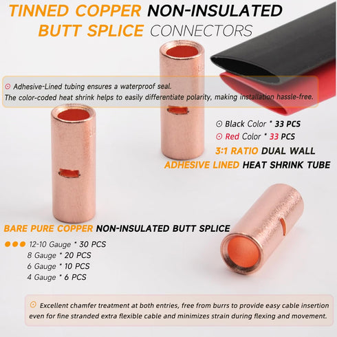 132 PCS 12 to 4 AWG Non-Insulated Butt Connectors Kit, 66 PCS Uninsulated Butt Terminals & Heat Shrink