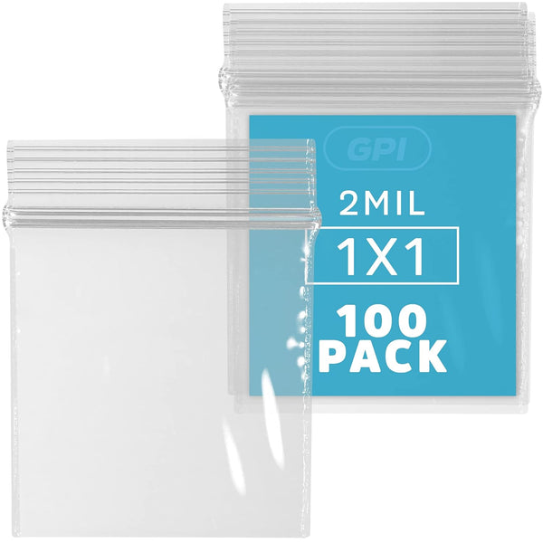 GPI Pack of 100 Clear Plastic Jewelry Zip Bags, 1" x 1", 2.5 Mil Thick, Reclosable Strong Poly Baggies for Pills, Meds,