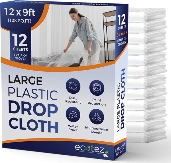 12 Pack 12 x 9 ft Extra Large Painter s Plastic Drop Cloth, Light & Durable Dust Cover for Painting