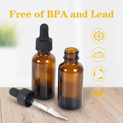 48 Pack 2 oz Dropper Bottles, Amber Glass Boston Bottles with Eye Droppers and Black Caps for Essential Oils, Travel