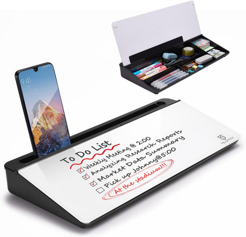 Small Glass Desktop Whiteboard Dry-Erase Board - Computer Keyboard Stand with Drawer, Desk Organizers