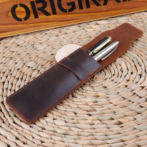 Daimay Leather Pen Case Holder Handmade Fountain Multi Pens Pouch, Crazy Horse Leather Cover – Black