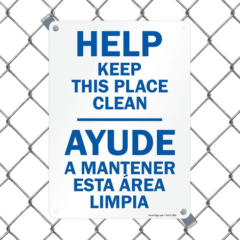 SmartSign U9-1807-NP "Help Keep This Place Clean" Bilingual Sign, 10" x 14"