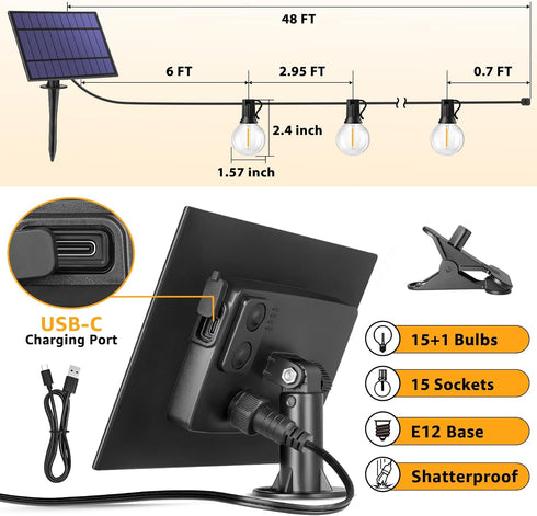 Mlambert 48FT 15 G40 Bulbs(1 Solar String Lights, Outdoor Waterproof Patio Lights with Shatterproof Spare), Led Light