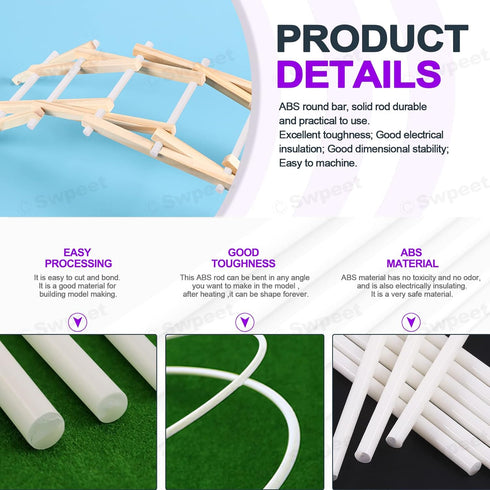Swpeet 15Pcs Milkly Plastic Rods Assortment Kit - Diameter 8mm Length 250mm ABS Round Stick for DIY Model Making