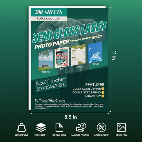 8.5x11 In,200 200GSM/52LB Laser Photo Paper Sheets Semi Gloss Double Sided High-Heat Resistant Smudge Proof